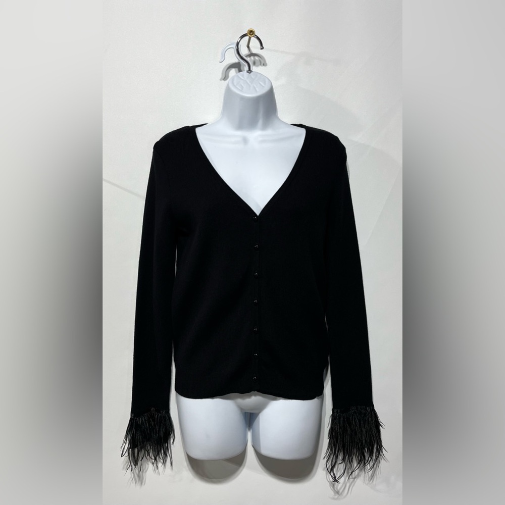 Truth By Republic Feather Cuff Black V-Neck Cardigan Sweater Size Small NWT